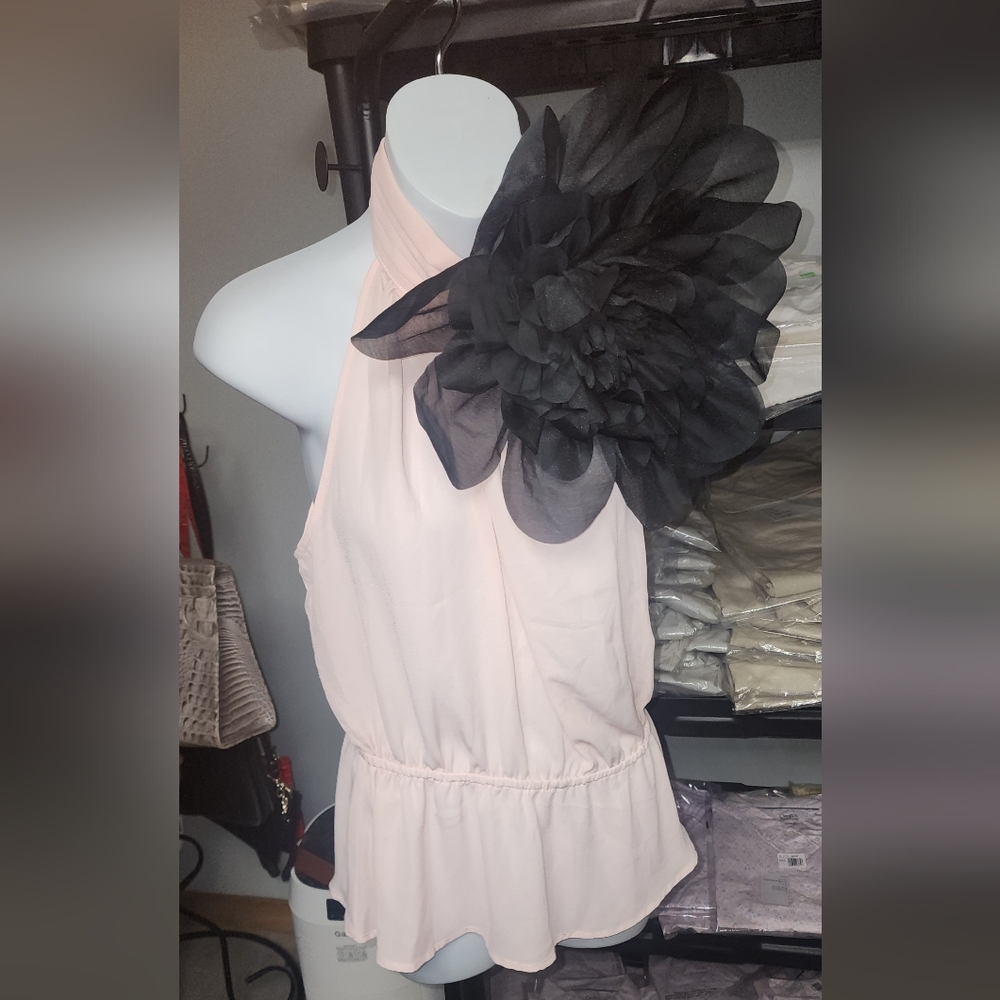 New York & Company Cream Sleeveless Peplum Blouse with Black Floral Detail